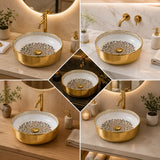 Novera Global Pearlwing Round Table Top Wash Basin with Butterfly Design, Mirror Gold & White Ceramic, 5-Year Warranty Novera Global