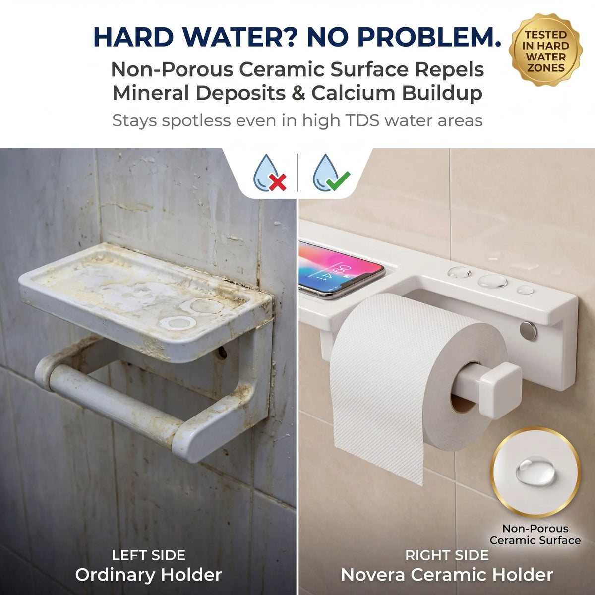 Novera Ceramic Holder with non-porous ceramic surface on a tiled wall, showing before and after effects.