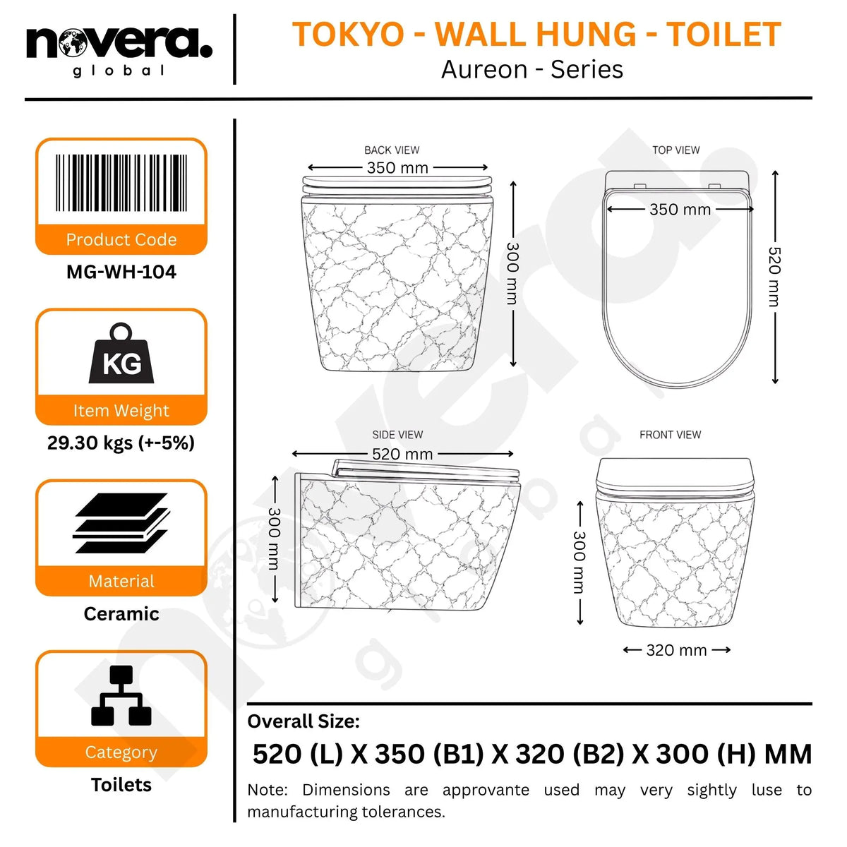 Product details of a wall-hung toilet labeled 'Aureon Series' by Novera Global, including dimensions and material information.