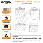 Product details of a wall-hung toilet labeled 'Aureon Series' by Novera Global, including dimensions and material information.