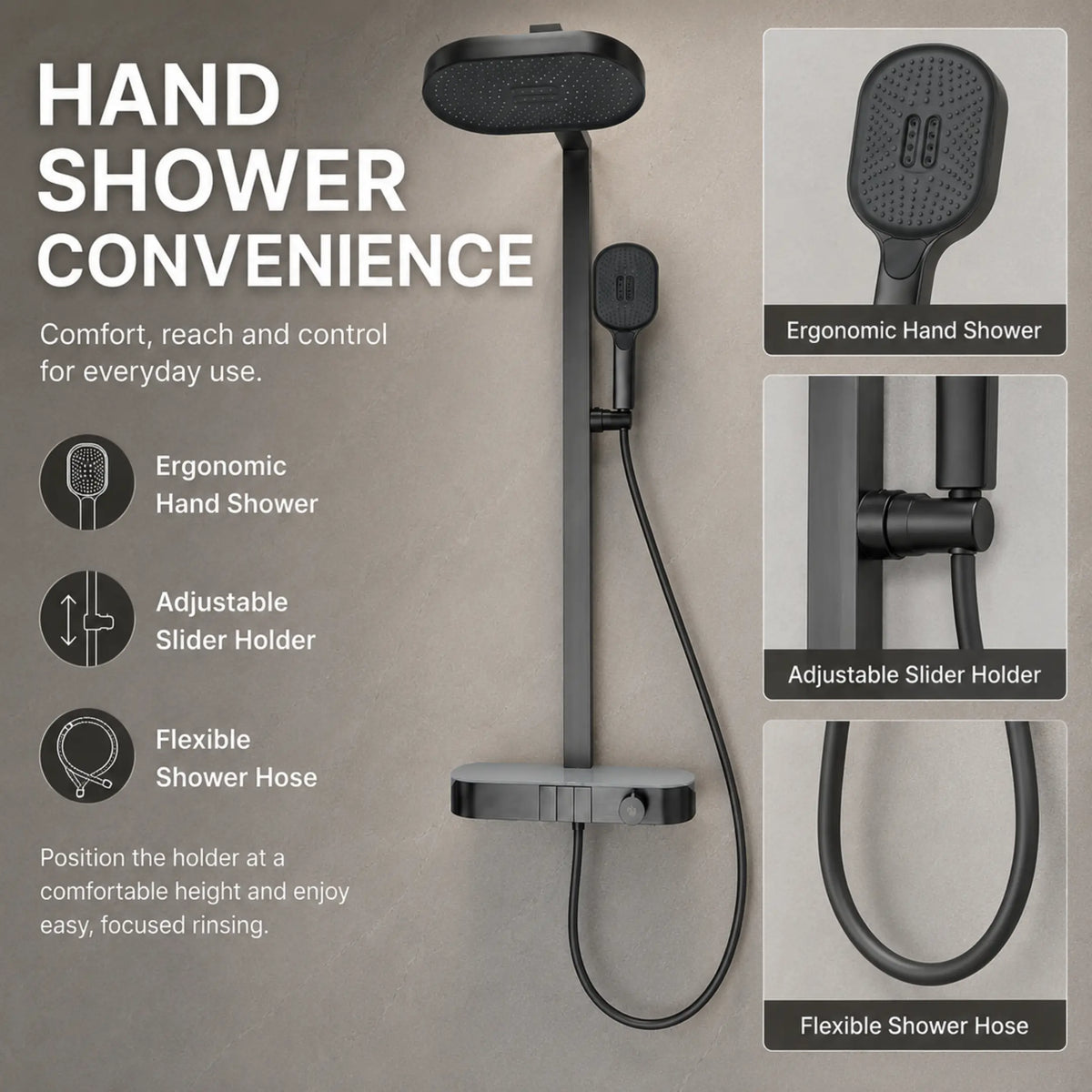 Rain Shower Set for Bathroom –3-in-1 Function Panel Overhead Rain & Hand Shower, Waterfall Spout | Mixer with Hot & Cold Dual Knob, Adjustable Height Shower, Wall-Mounted (Gunmetal Grey) Novera Global