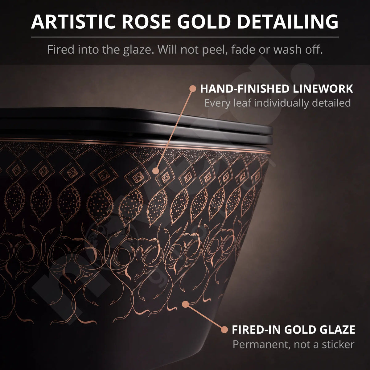 Artistic Rose Gold Pattern on Black Ceramic Wall Hung Toilet