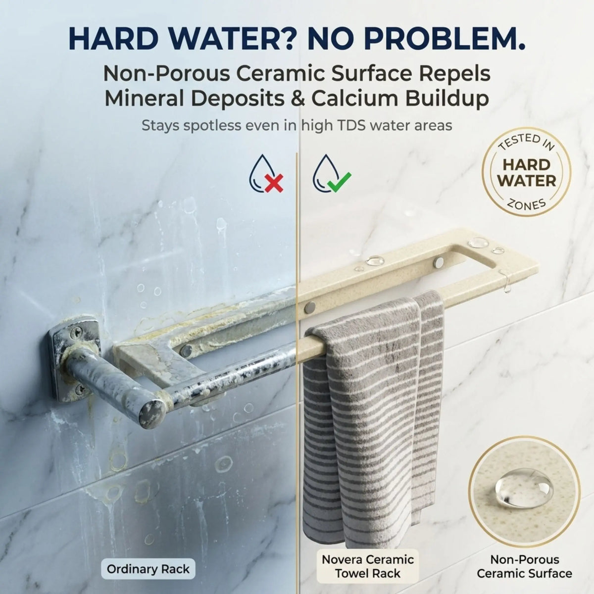 Novera Ceramic Towel Rack with hard water comparison on marble wall