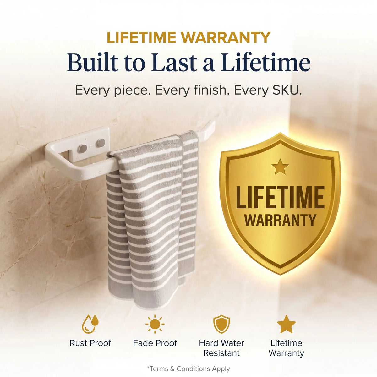 Towel rack with striped towel and lifetime warranty badge on a light background