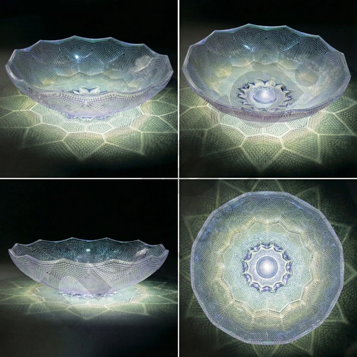 Four views of a decorative glass bowl with geometric patterns on a dark background