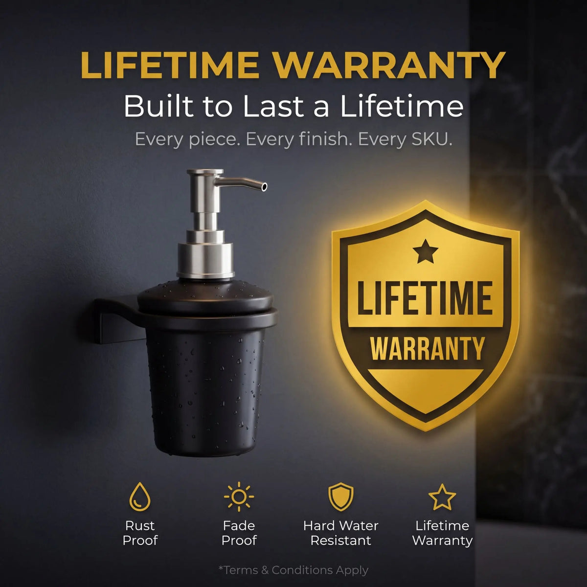 Black soap dispenser with 'Lifetime Warranty' badge on a dark background