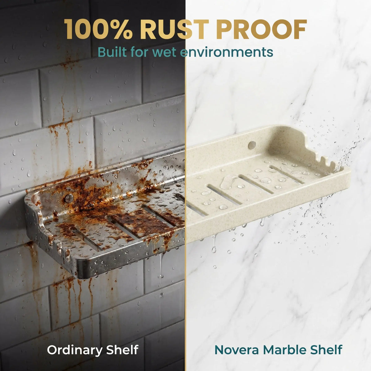 Comparison of an ordinary shelf with rust and a Novera Marble Shelf in a wet environment, highlighting rust-proof feature.