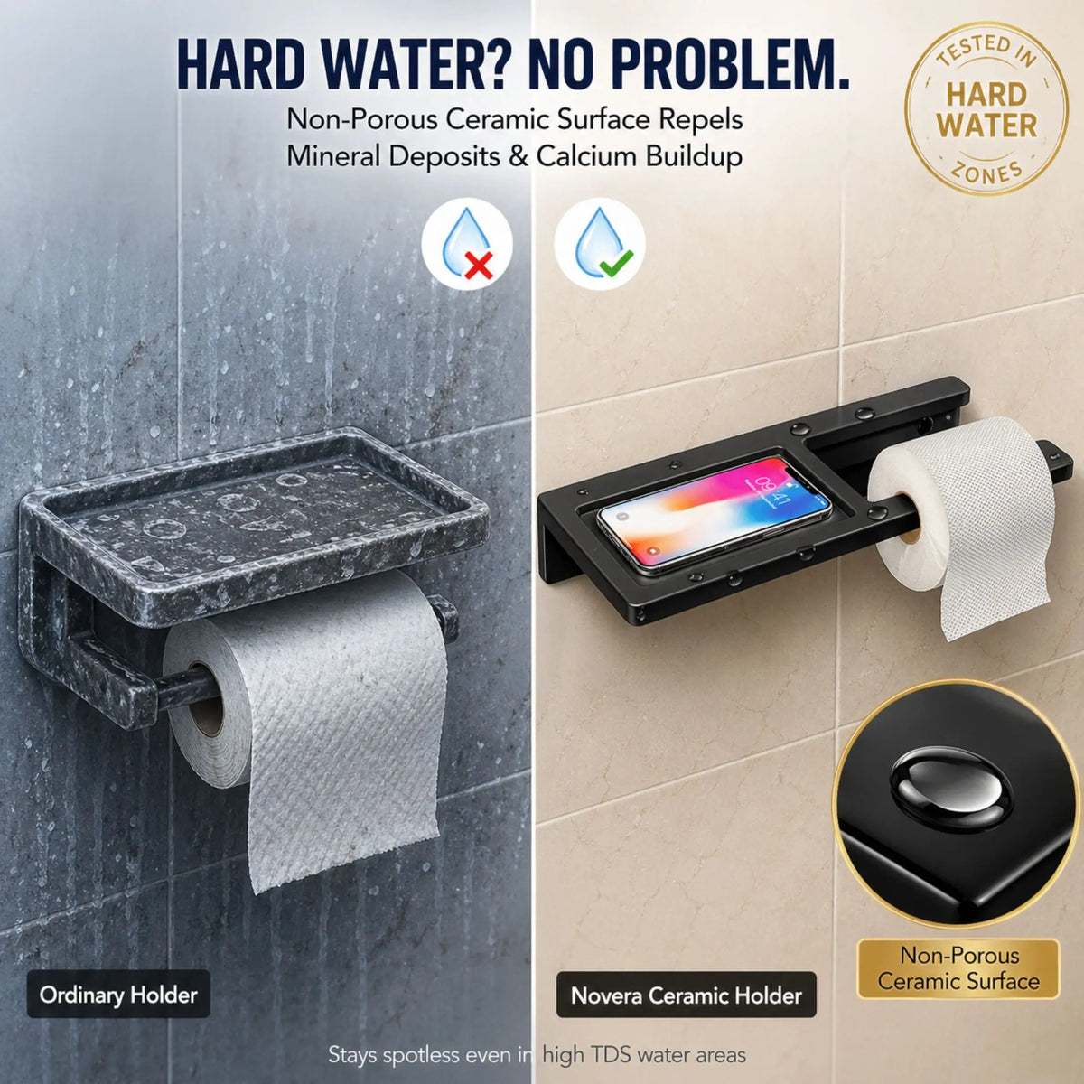 Novera Ceramic Holder with toilet paper on a tiled wall, highlighting its effectiveness against hard water.