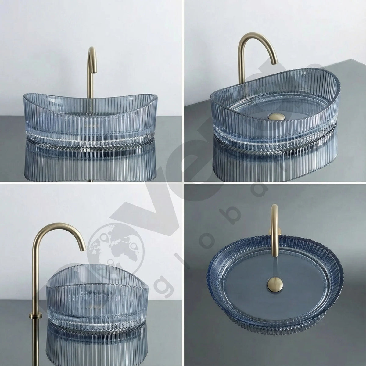 Blue glass sink with gold faucet on a gray surface