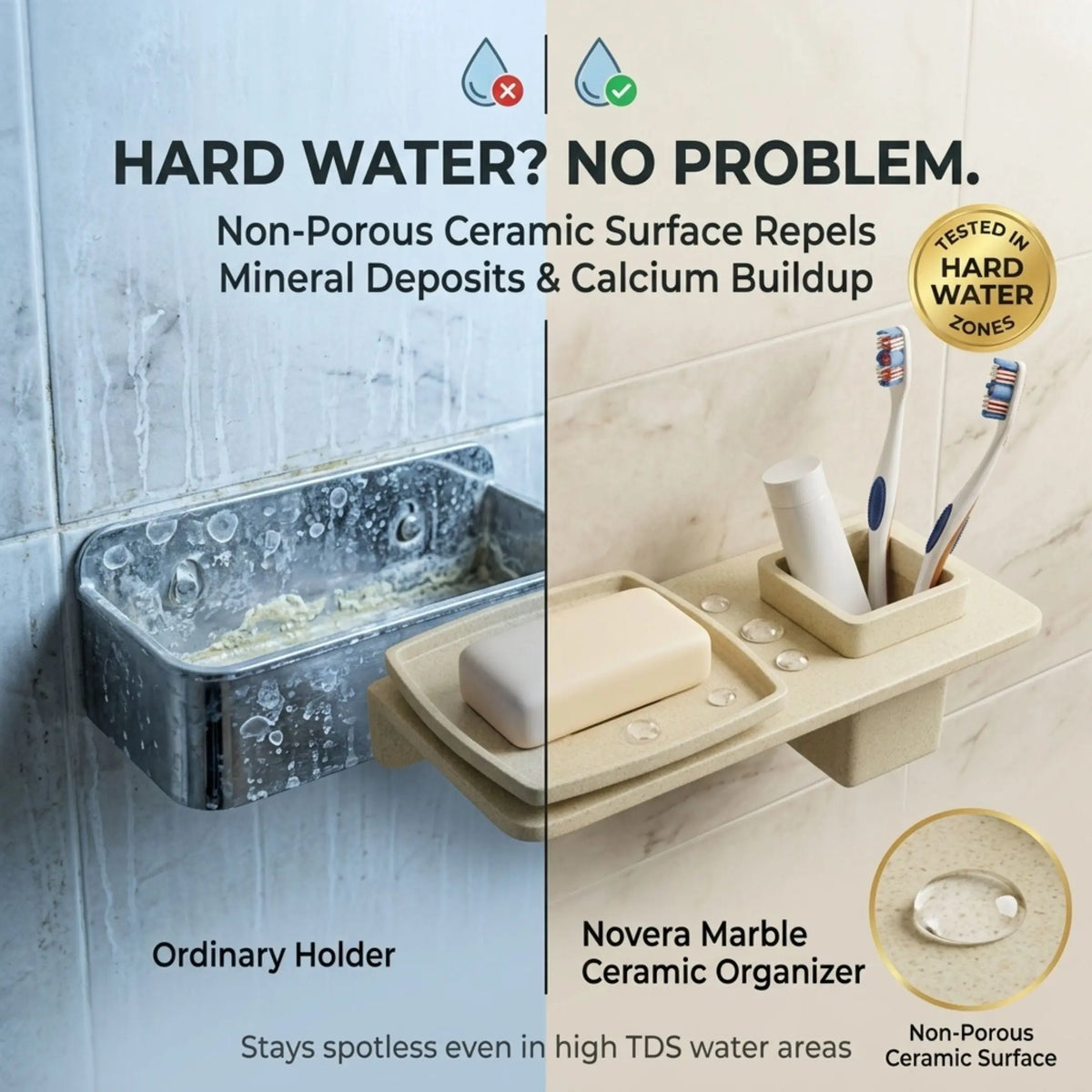 Bathroom organizer with soap and toothbrush holder, showing its effectiveness against hard water deposits.