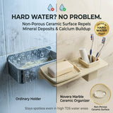 Bathroom organizer with soap and toothbrush holder, showing its effectiveness against hard water deposits.