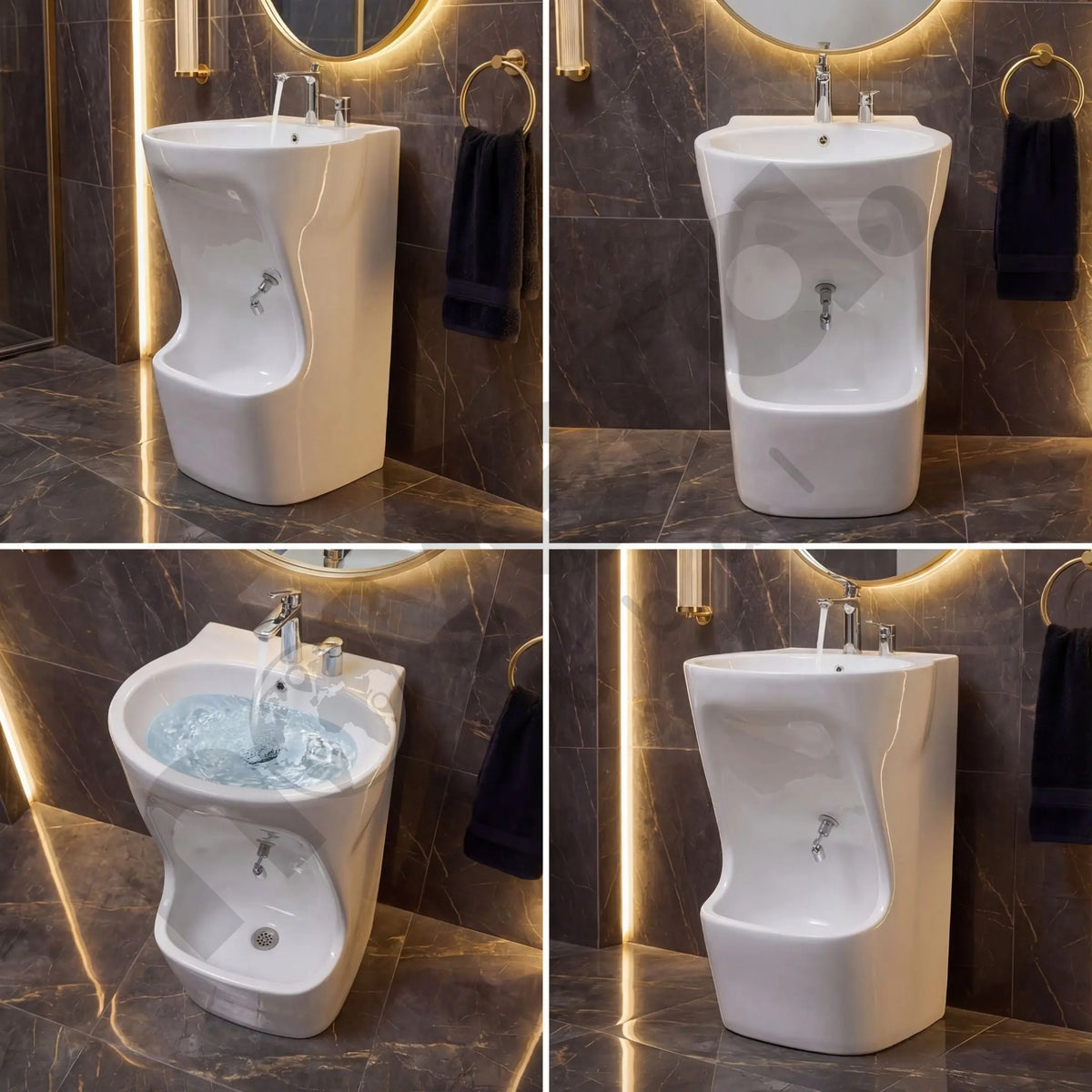 White urinal with water flowing in a bathroom setting