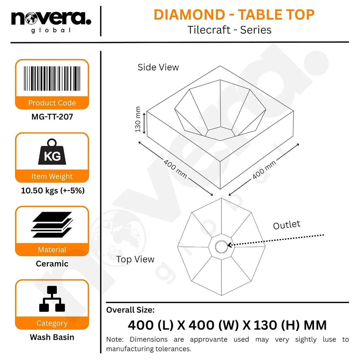 Square Countertop Ceramic Wash Basin Technical Size Diagram