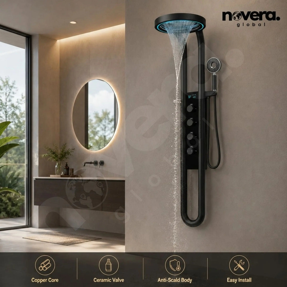 Luxury Matte Black Smart Shower Panel in Contemporary Bathroom