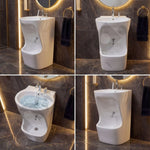 White urinal with water flowing in a bathroom setting
