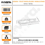 Product label for a toilet paper holder and mobile stand with dimensions and specifications.