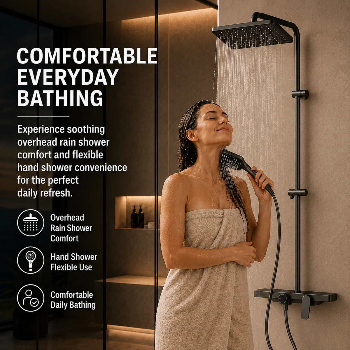Smart Shower Panel Set, Triple Flow Functions, Wall-Mount Chrome Finish | 5-Year Warranty | Mixer with Hot & Cold Dual Knob, Adjustable Height Shower Panel (Brushed Gunmetal) Novera Global