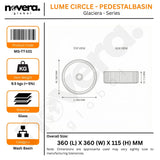 Product label for a wash basin with dimensions and specifications.
