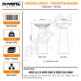 Product packaging for a smoke crest pedestal basin with dimensions and specifications.