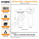 Product packaging for a smoke crest pedestal basin with dimensions and specifications.