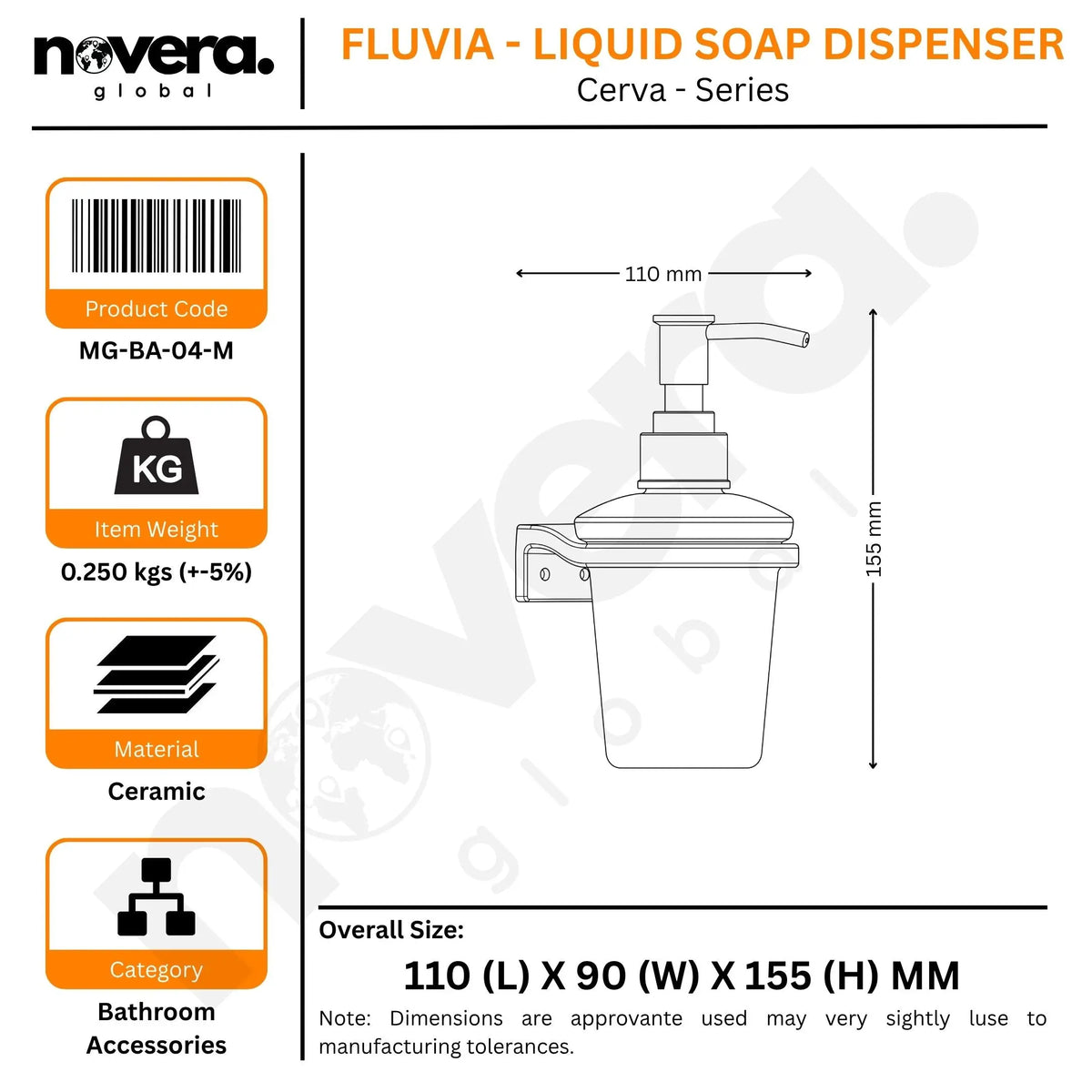 Fluvia liquid soap dispenser with dimensions and specifications on a white background