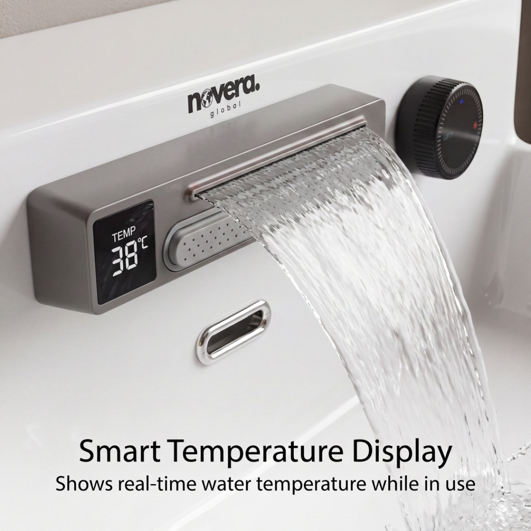 Novera Global FLOWBOX Ceramic Wash Basin for Bathroom with Built-In Faucet, Rain & Cascade Dual Water Flow, Hot Cold Mixer, Tabletop & Wall-Mount Installation, Glossy White, 60.5 × 47 × 24.5 cm