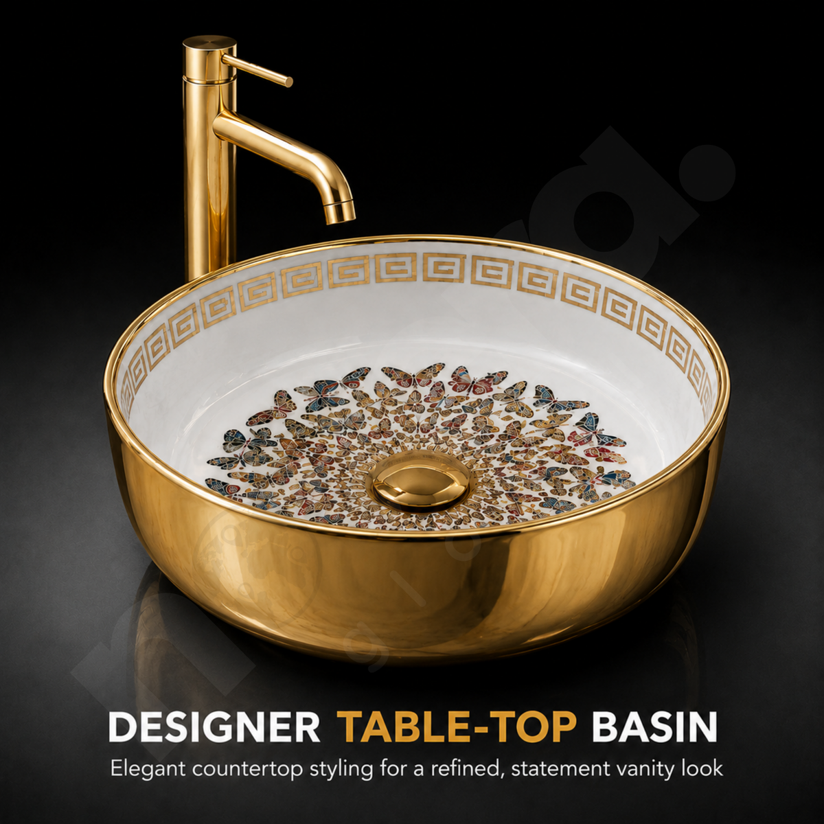 Novera Global Pearlwing Ceramic Table Top Wash Basin | Round Countertop Basin with Butterfly Art | 5-Year Warranty | Glossy White Interior & Mirror Gold Exterior, Above Counter Vessel Sink for Bathroom Vanity, Countertop Wash Bowl (Gold & White)