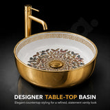 Novera Global Pearlwing Round Table Top Wash Basin with Butterfly Design, Mirror Gold & White Ceramic, 5-Year Warranty Novera Global