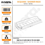 Product label for Novera Acquara shower rack with dimensions and specifications.
