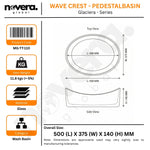 Technical specifications and dimensions of a wash basin labeled 'Wave Crest - Pedestal Basin' by Novera Global.
