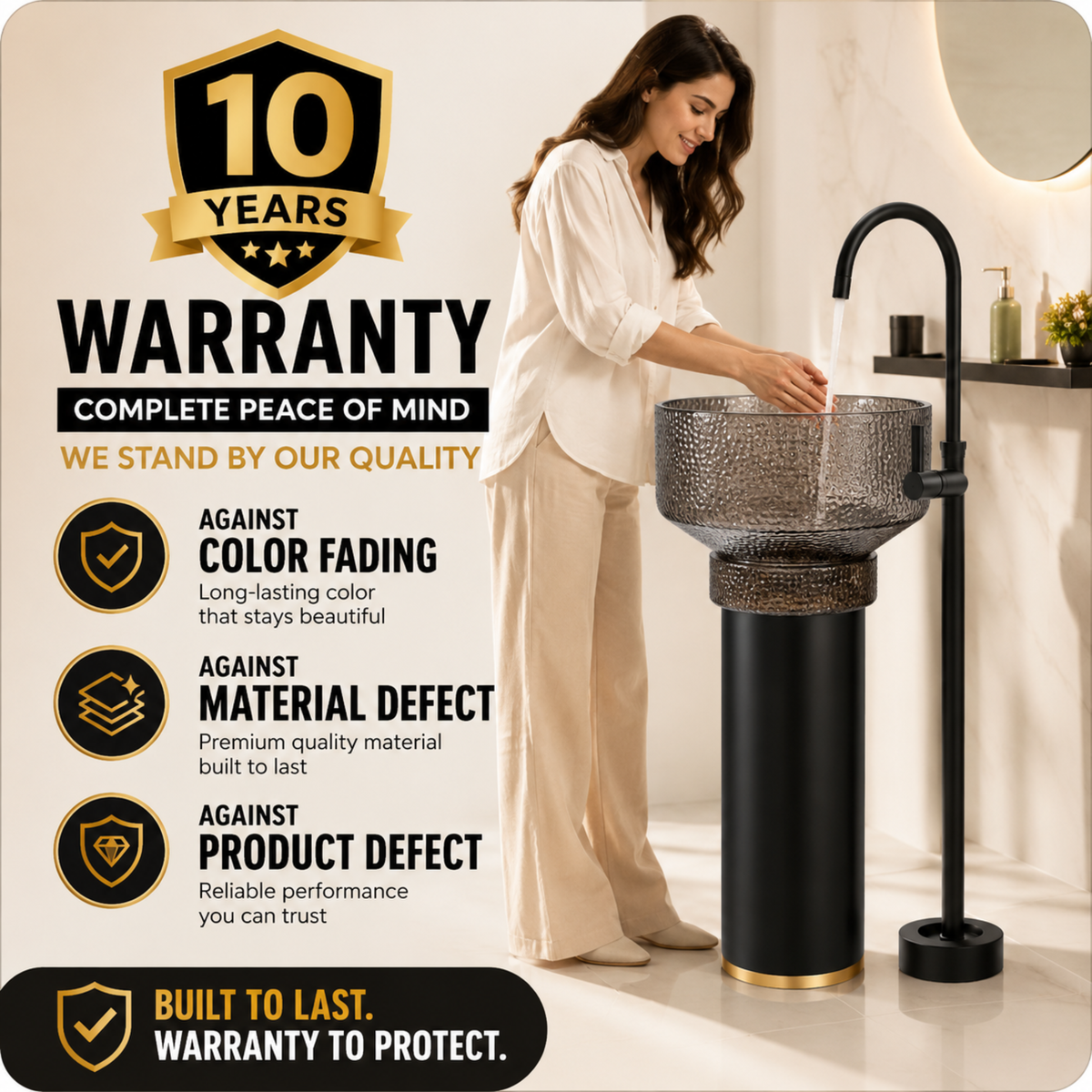 Novera Global Hammer Freestanding Pedestal Wash Basin | Round Smoked Glass Bowl with Matte Black Solid Surface Pedestal & Gold Accent | 10-Years Warranty | Floor Standing Wash Basin | 450 × 450 × 900 mm