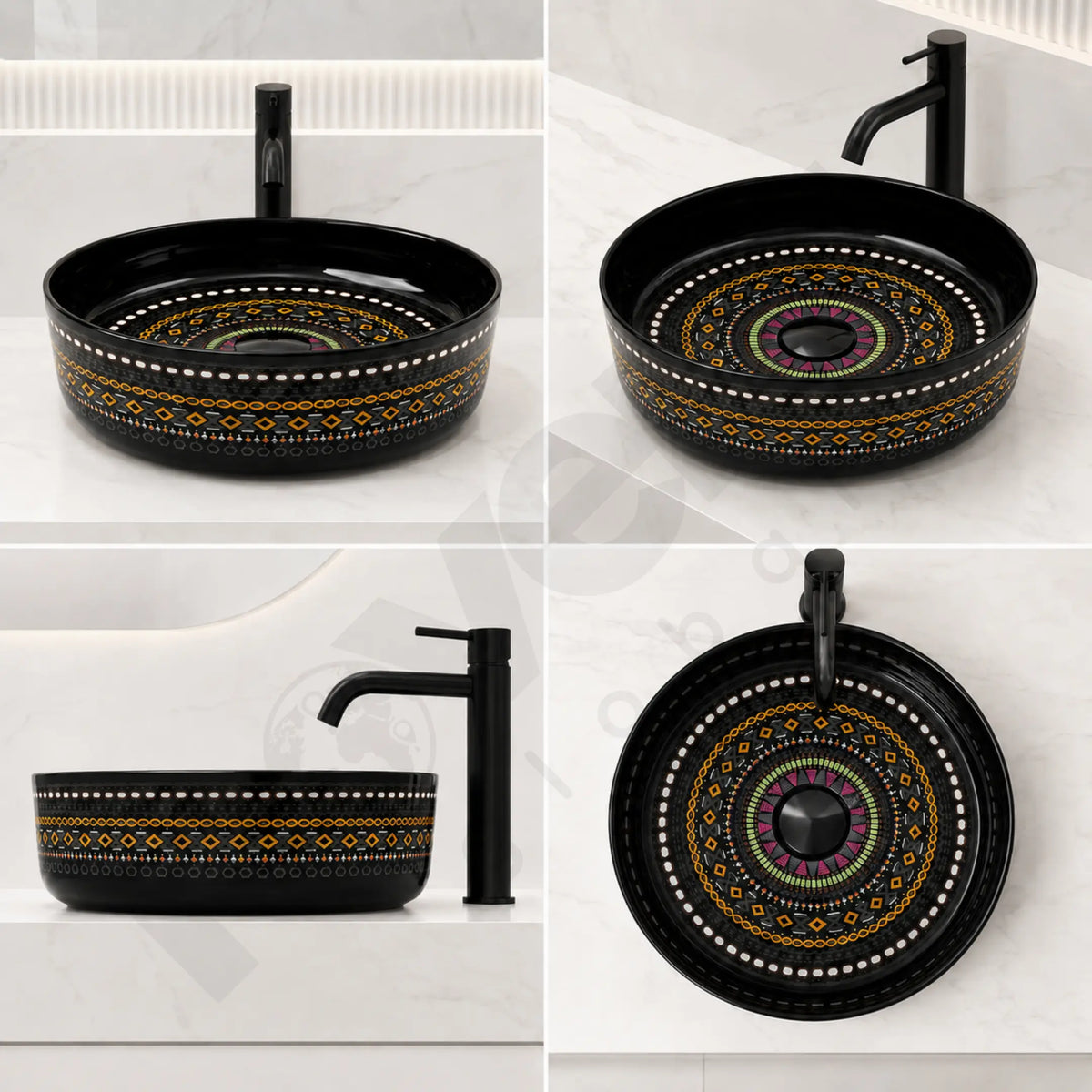 Novera Global Designer Ceramic Table Top Wash Basin | Round Above Counter Vessel Sink for Bathroom Vanity | 5-Years Warranty | Mandala Art Countertop Wash Bowl | Glossy Finish Wash Basin (BLACK) Novera Global