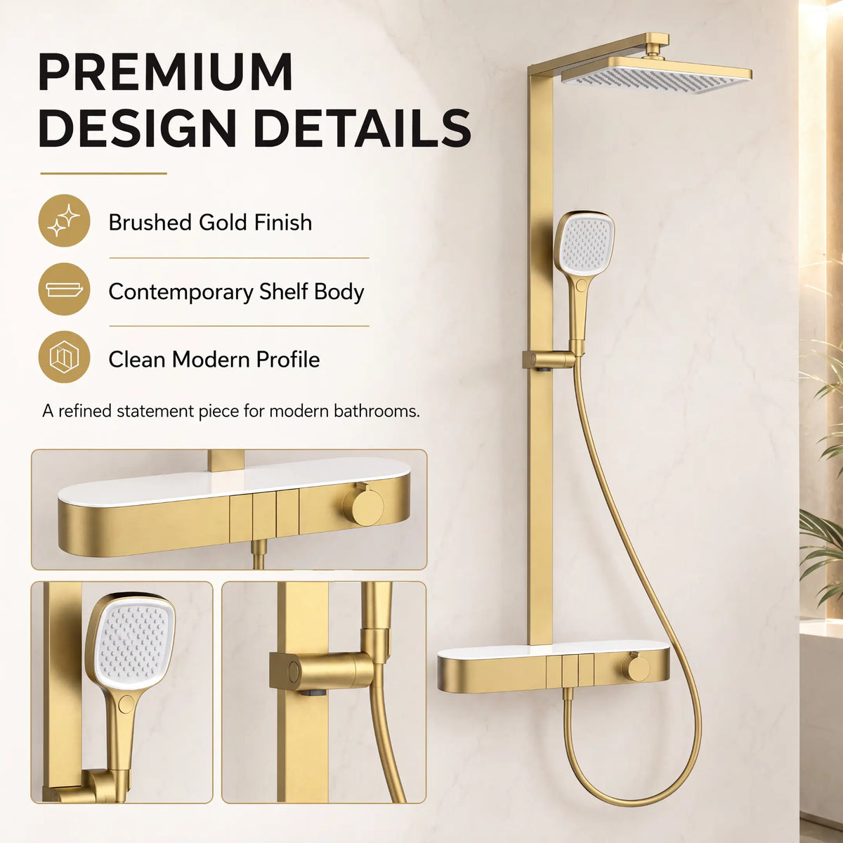 Rain Shower Set for Bathroom – 3-in-1 Function Panel Overhead Rain & Hand Shower, Waterfall Spout | Mixer with Hot & Cold Dual Knob, Adjustable Height Shower, Wall-Mounted (Brushed Gold) Novera Global