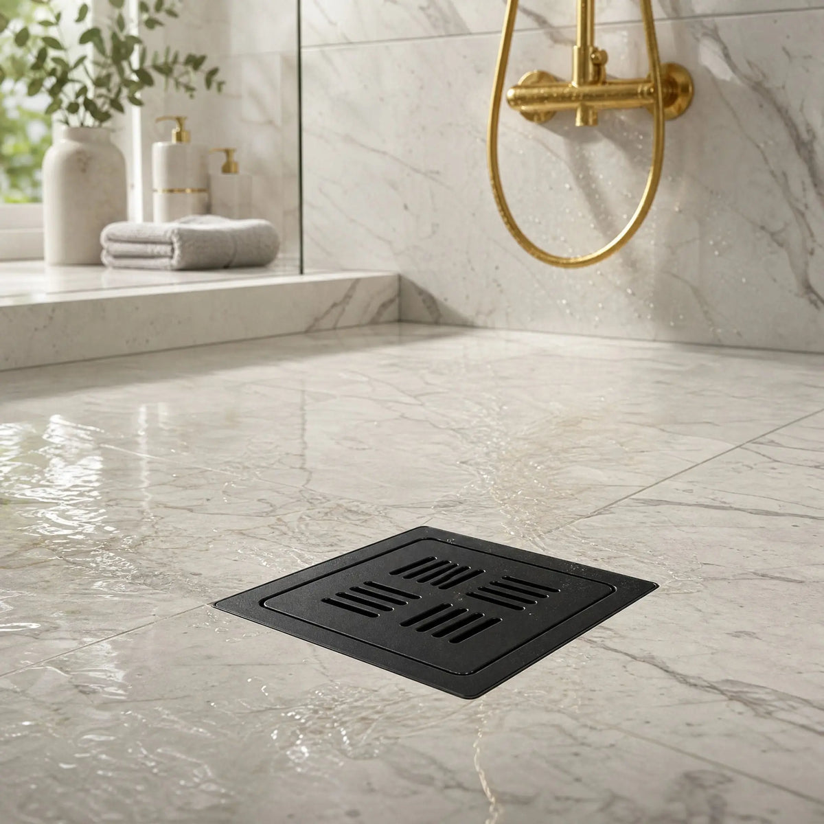 Premium Black Ceramic Floor Drain Installed in a Luxury Modern Bathroom Shower Area