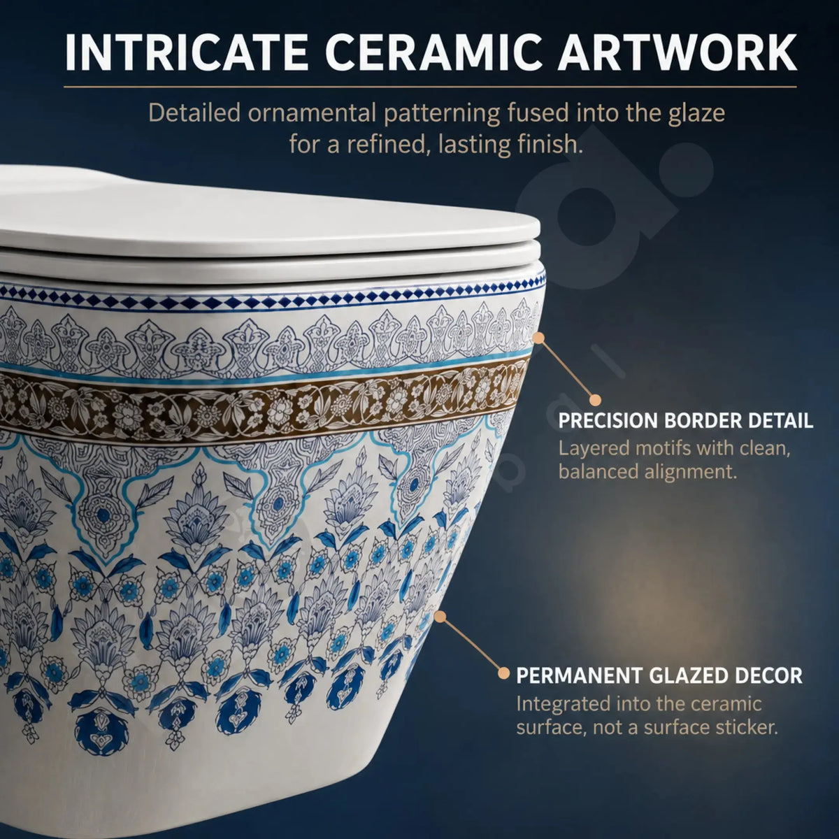 Intricate Blue Floral Ceramic Artwork on Wall Hung Toilet