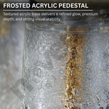 Frosted acrylic pedestal with text describing its features