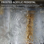 Frosted acrylic pedestal with text describing its features