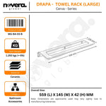 Product label for a towel rack with dimensions and specifications.