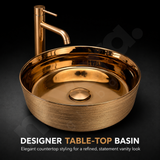 Novera Global Ceramic Table Top Wash Basin | Glossy Finish Round Vessel Sink | Above Counter Vessel Sink for Bathroom Vanity | 5-Years Warranty | Imported Glossy Countertop Wash Bowl (Rose Gold)