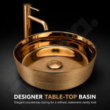 Novera Global Ceramic Table Top Wash Basin | Glossy Finish Round Vessel Sink | Above Counter Vessel Sink for Bathroom Vanity | 5-Years Warranty | Imported Glossy Countertop Wash Bowl (Rose Gold) Novera Global