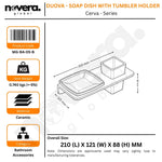Product packaging of a soap dish with tumbler holder by Novera, showing dimensions and features.