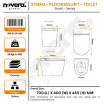 Product details of a Novera Synko floormount toilet with dimensions and specifications.