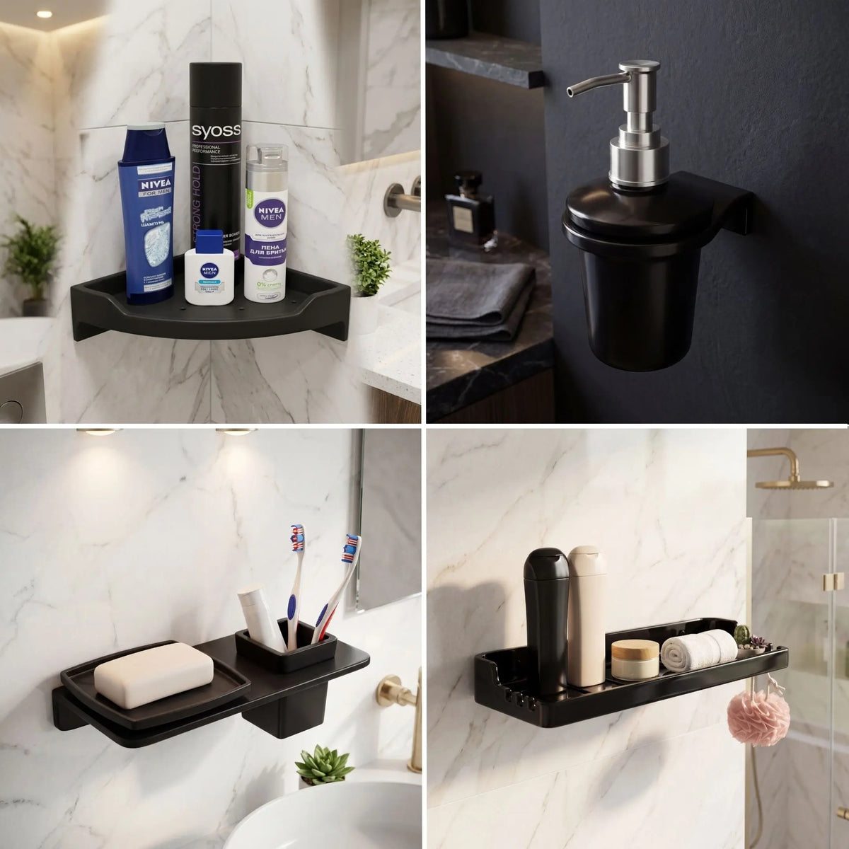 Collage of bathroom shelves and accessories with soap dispensers and toiletries.