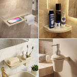 Collage of bathroom accessories including a shelf with a phone, toilet paper, corner shelf with toiletries, and soap dispenser.