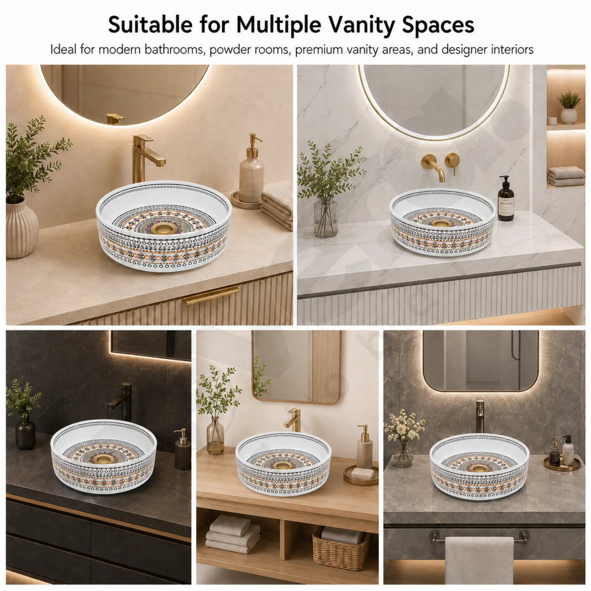 Novera Global Designer Ceramic Table Top Wash Basin | Round Above Counter Vessel Sink for Bathroom Vanity | 5-Years Warranty | Mandala Art Countertop Wash Bowl | Glossy Finish Wash Basin (WHITE) Novera Global