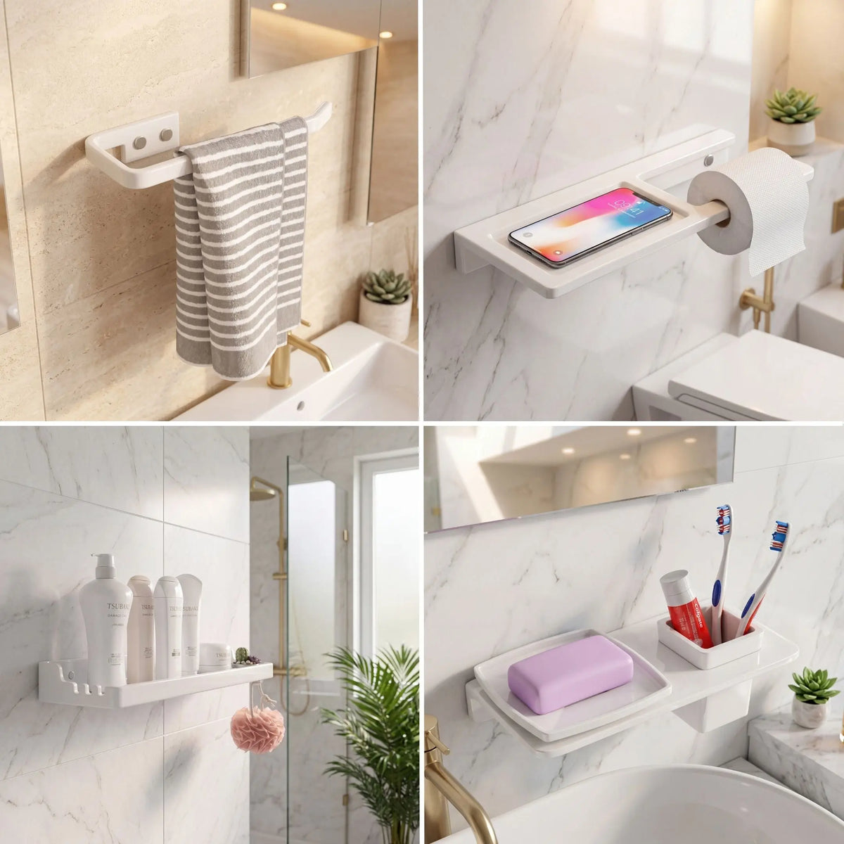 Collage of bathroom shelves and fixtures with towels, toiletries, and a smartphone.