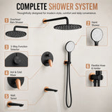 Novera Global Concealed Shower Set for Bathroom – 3-in-1 In-Wall Brass Shower System with Overhead Rain Shower, Hand Shower & Wall Spout, Diverter & Hot/Cold Mixer (Matte Black with Rose-Gold Accents) Novera Global