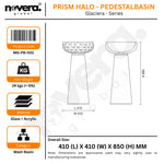 Product packaging for a Prism Halo pedestal basin with dimensions and specifications.