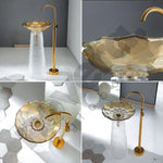 Collage of a modern bathroom sink with gold faucet and glass bowl on a white countertop.