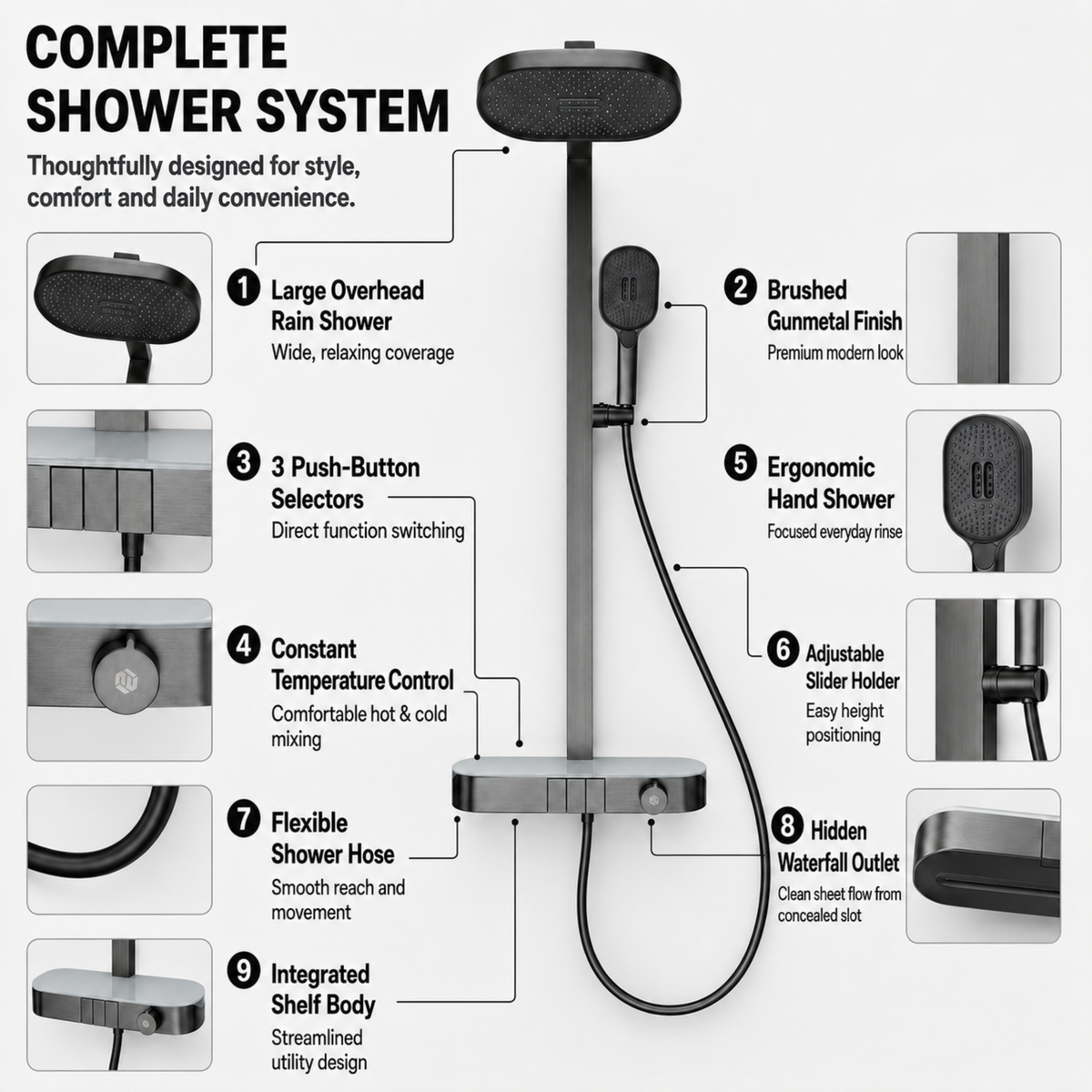 Novera Global Arch Rain Shower Set for Bathroom – 3-in-1 Brass Shower System with Large Oval Overhead Rain Shower, Multi-Mode Hand Shower, Waterfall Spout & Storage Shelf | Push-Button, Wall-Mounted (Gunmetal Grey)